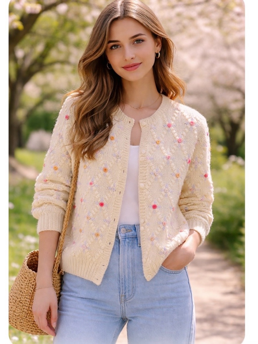 Cream Knit Rosette Cardigan